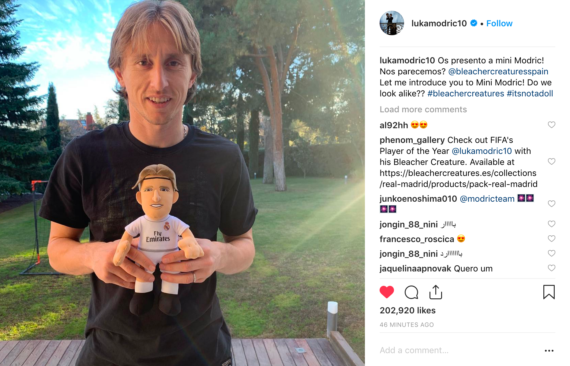 FIFA player of the year Luka Modrić shared his Bleacher Creature on Instagram