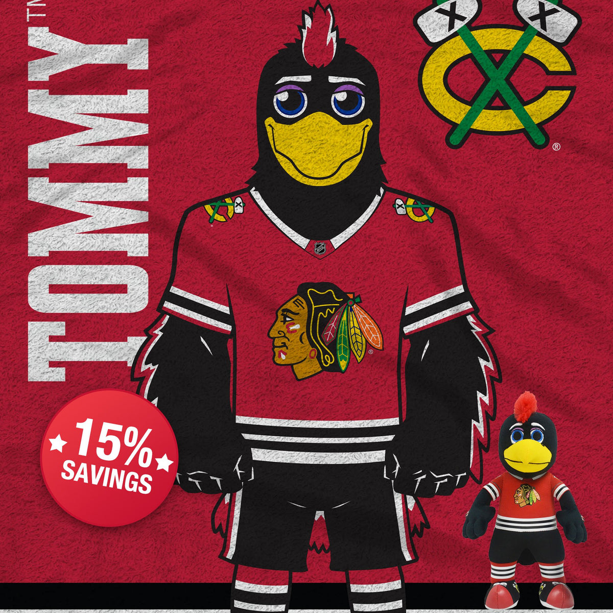 Chicago Blackhawks Tommyhawk Sleep Squad Blanket &amp; 10&quot; Bleacher Creature Bundle